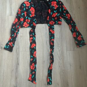 Zara Black Top with Red and Green Floral Design